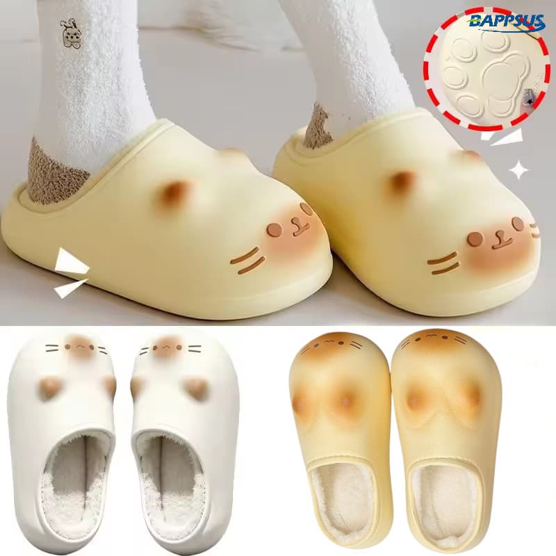 Chinelos De Pelúcia Quentes Com Cabeça De Gato 3D Fofos – Sapatos Térmicos Curtos Forrados De Veludo Para Casa De Invern