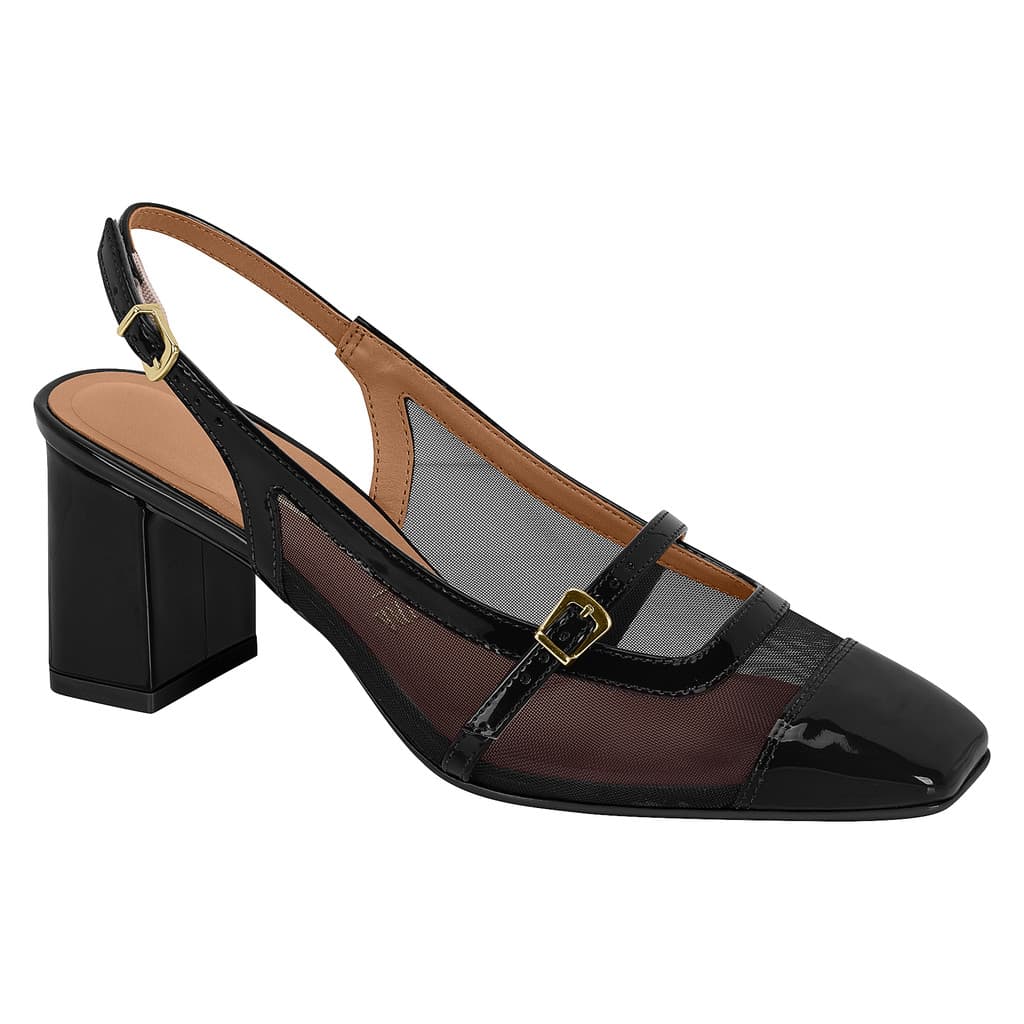 Scarpin Slingback Feminino Salto Bloco Tela com Fivela - 1373111