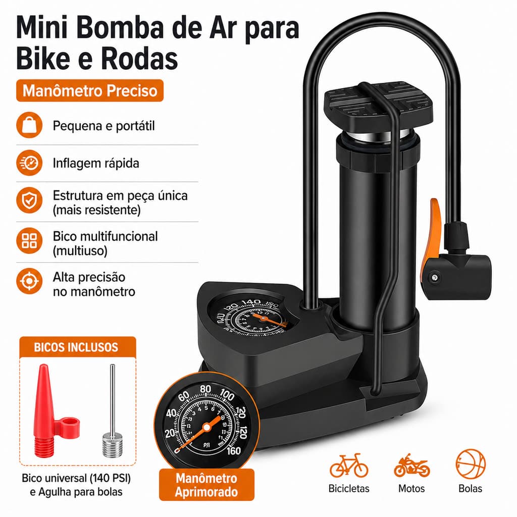 Bomba de Ar Manual Portátil 160 PSI para Carro Bike Moto com Manômetro e 2 Bicos Incluso Rápida