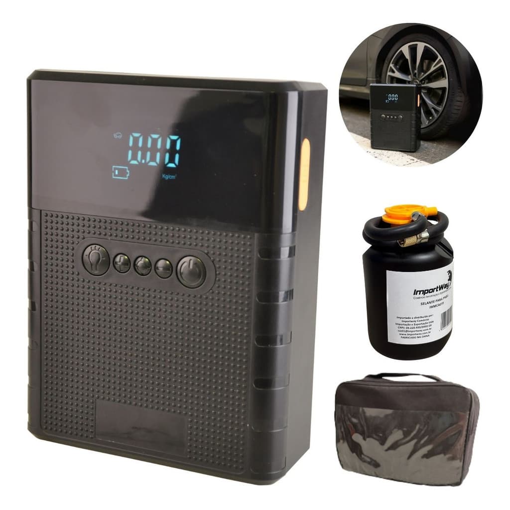 Compressor De Ar 12V Com Auxiliar De Partida Powerbank Luz LED E Selante Portátil Para Emergência Automotiva