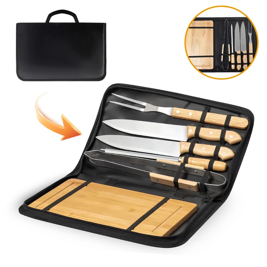 Kit Churrasco com 6 peças Aço Inox Tabua Garfo Faca Maleta Estojo