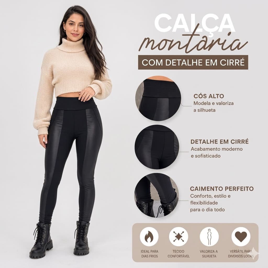 Calça Montaria Feminina Flanelada Felpuda Grossa Com Detalhe Cirrê Inverno