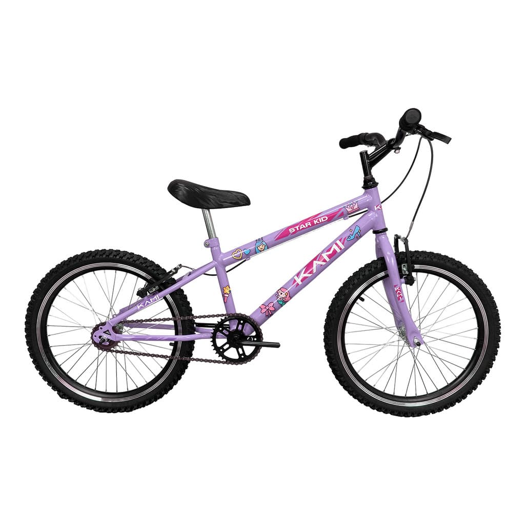 Bicicleta Infantil Criança Aro 20 Menina Kami Bikes Princesa Feminina 6 7 8 9 anos Cor Lilás/Rosa