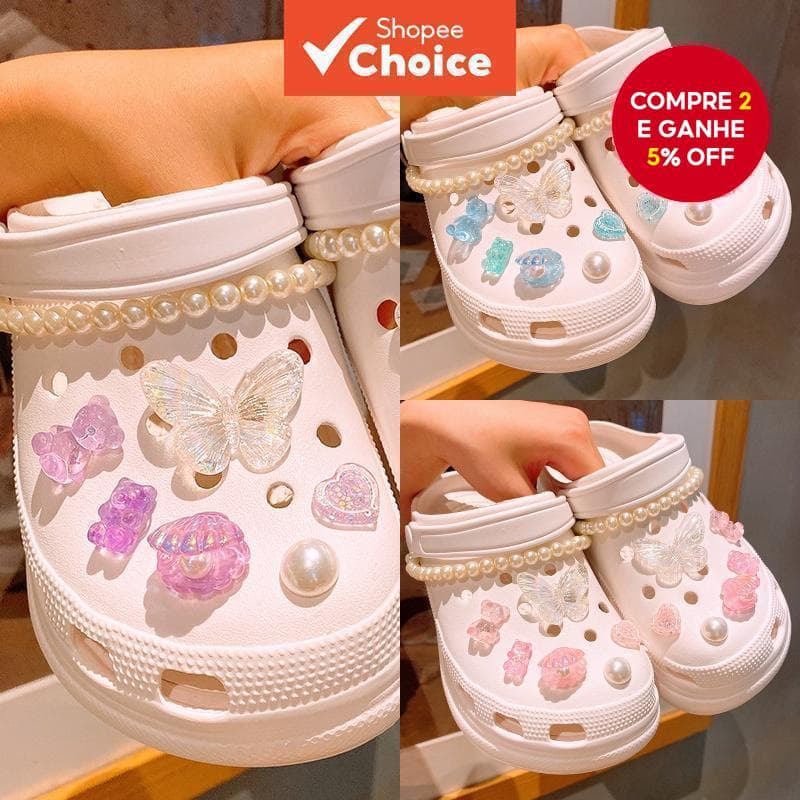 7pcs/set Button Up Shoes Charm Pearl Butterfly Shell , Croc Acessórios Para Pinos Decorativos