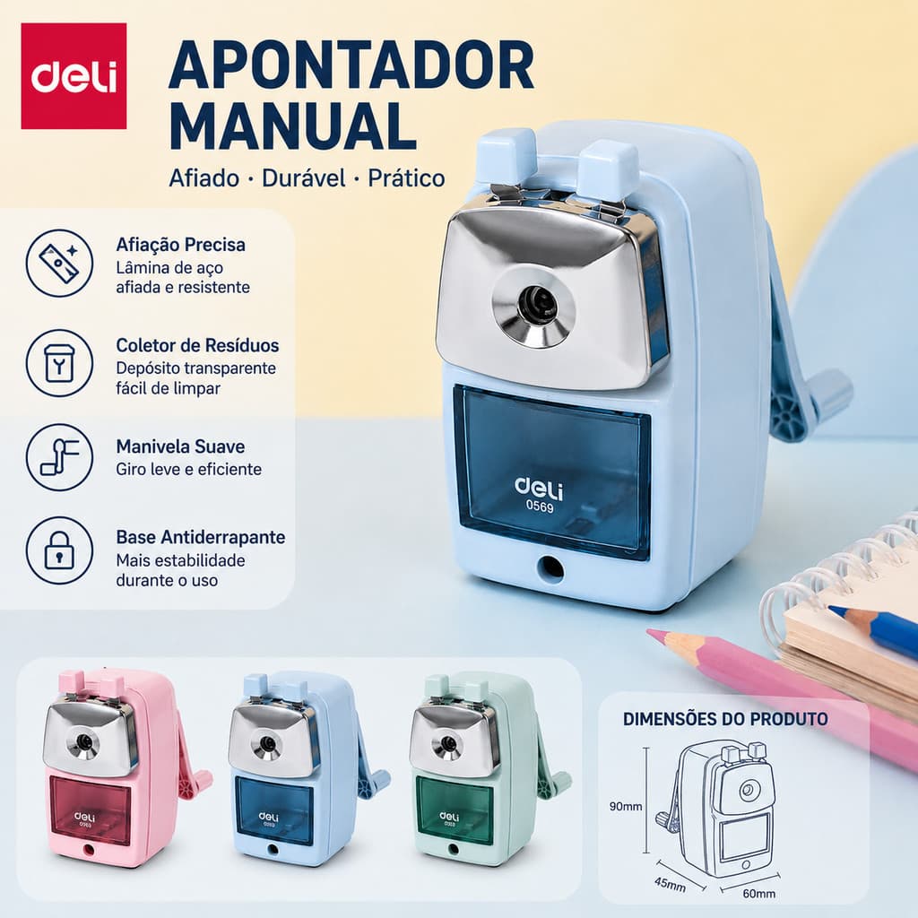 Apontador Manual Deli com Manivela Metálico 6,9–8mm Azul, Verde ou Rosa