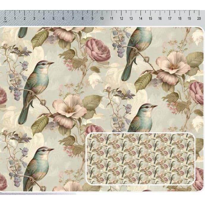 Tecido Tricoline Digital Vintage Birds Pássaros e Rosas, 100% Algodão, Fundo Cinza, 50 x 150 cm