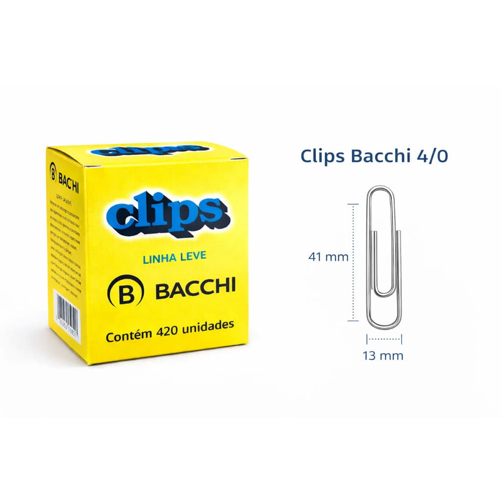 Clips de papel metálico Bachi Linha Leve 420 Unidades Tamanho 4/0 - Kit c/ 3 caixas
