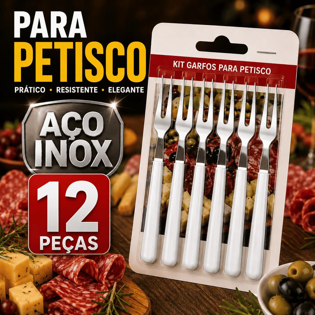 Kit 12 Mini Garfo Aço Inoxidável de Petisco Branco Queijo Garfinho Frutas Fondue Aperitivo Churrasco Tábua Frios Inox