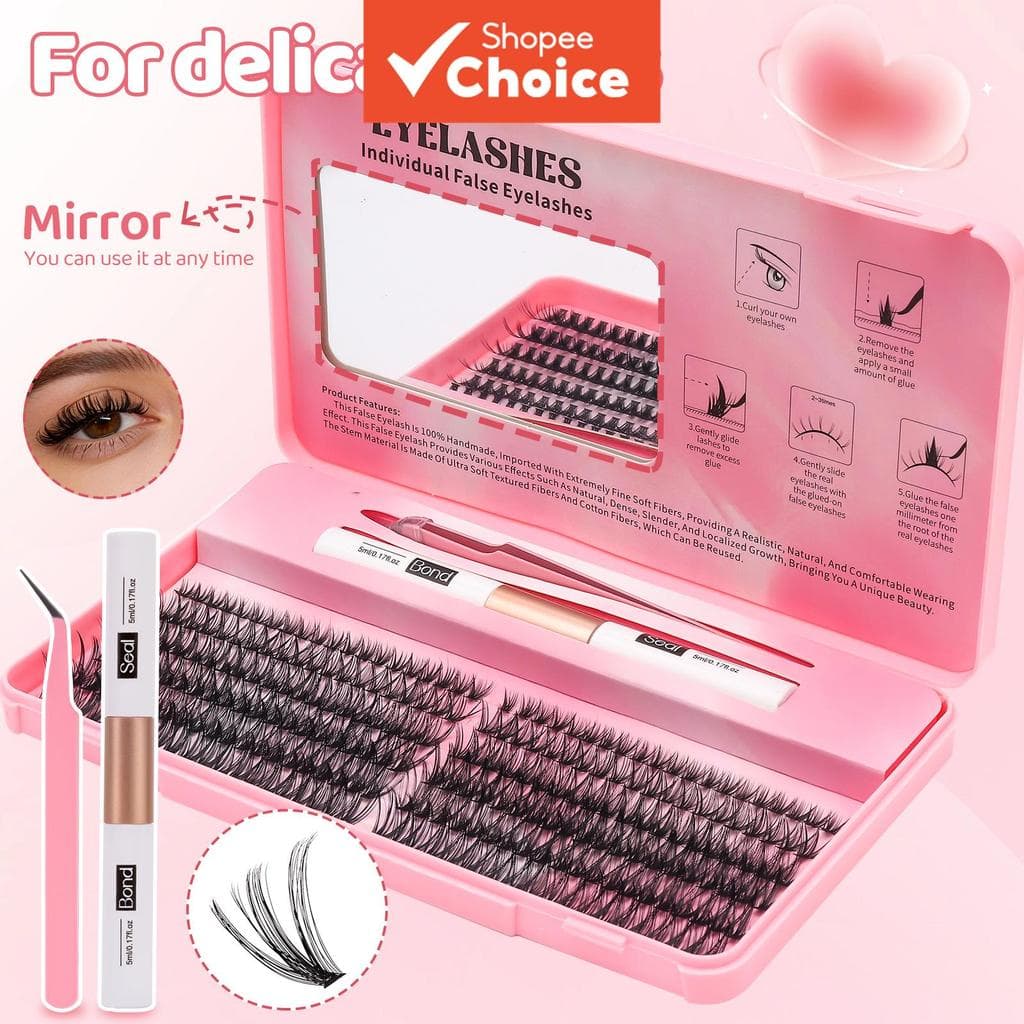 Kit de Extensão de Cílios Postiços 8-16 mm, Cílios Individuais em D, Leves e Fofos, com Selante, Espelho e Pinça, Ideal