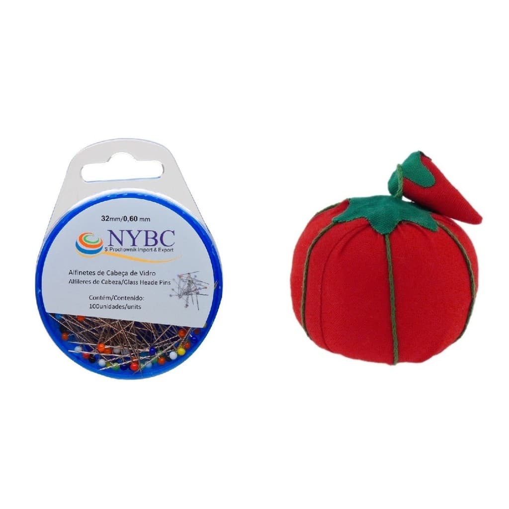Kit Alfinete Cabeça de Vidro com 100 Unidades + Agulheiro Almofada Tomate 7cm NYBC Costura Patchwork