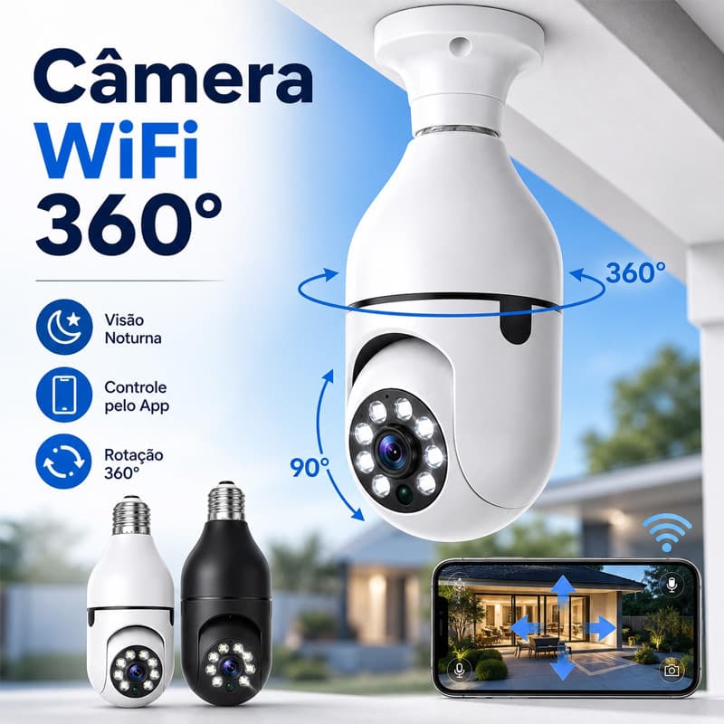 Câmera WiFi 360 Lâmpada Câmera de segurança Full HD Visão Noturna a Prova D'água sem fio com app Yilot