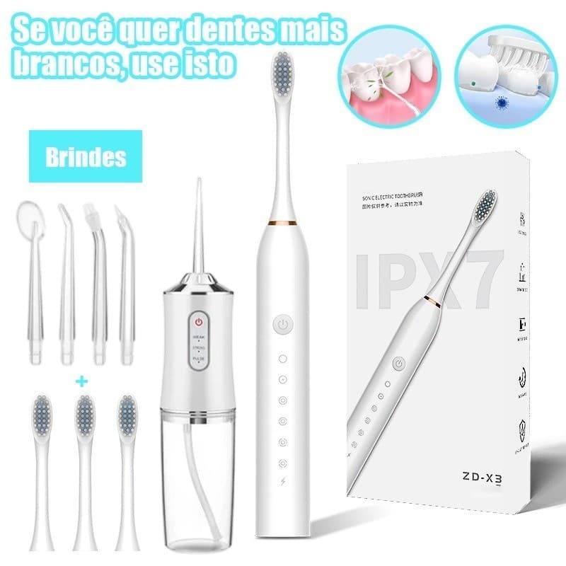 Dental 2 em 1 Recarregável – Irrigador Bucal + Escova Elétrica Profissional Portátil Limpeza Bucal