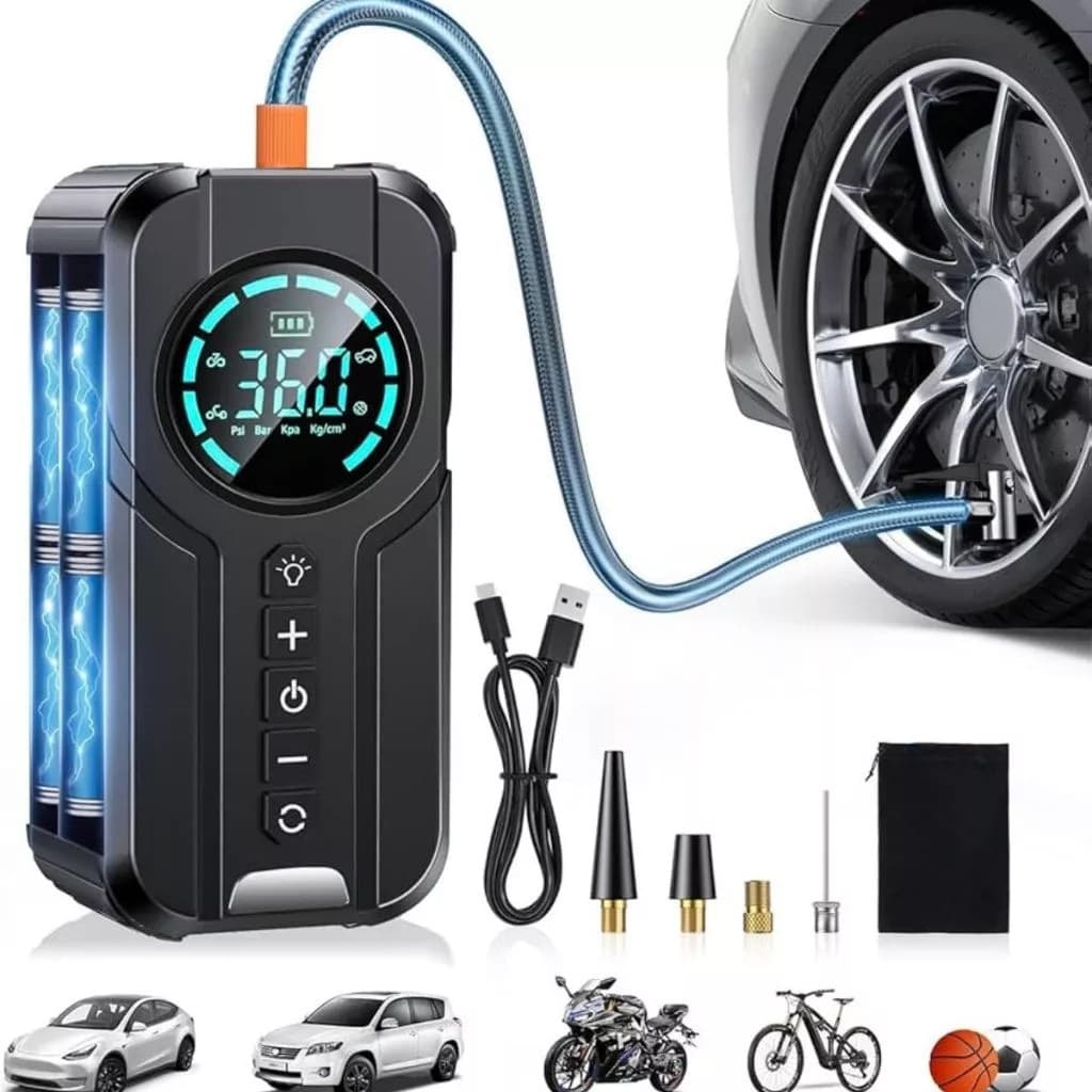Bomba de Ar Portatil Compressor Inflator Multi-função 4 em 1 PowerBank 8kmah Bateria Calibrador de Carro Auto Pneu