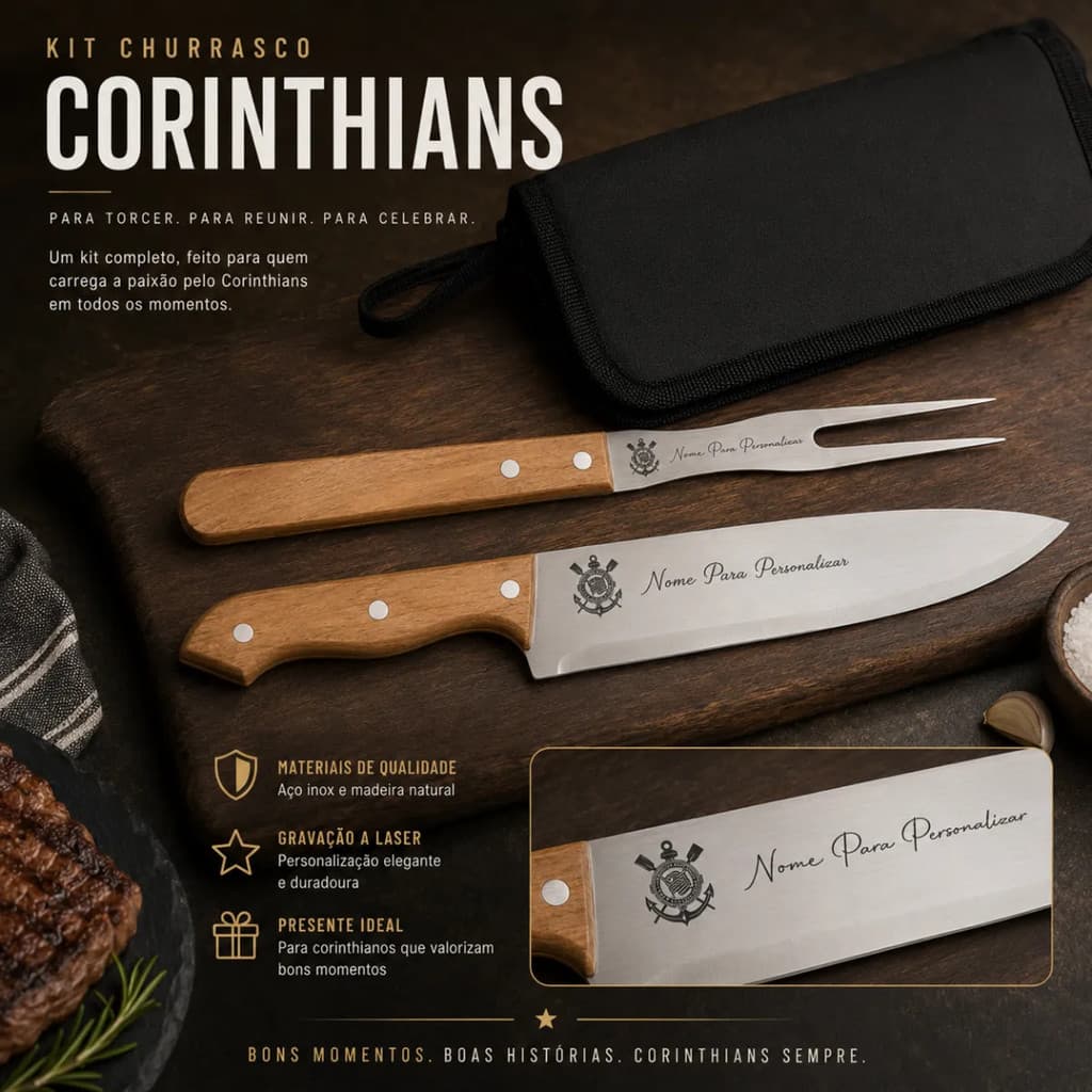 Kit Churrasco Inox Garfo Faca Personalizado Times de Futebol E Nome Envio Imediato