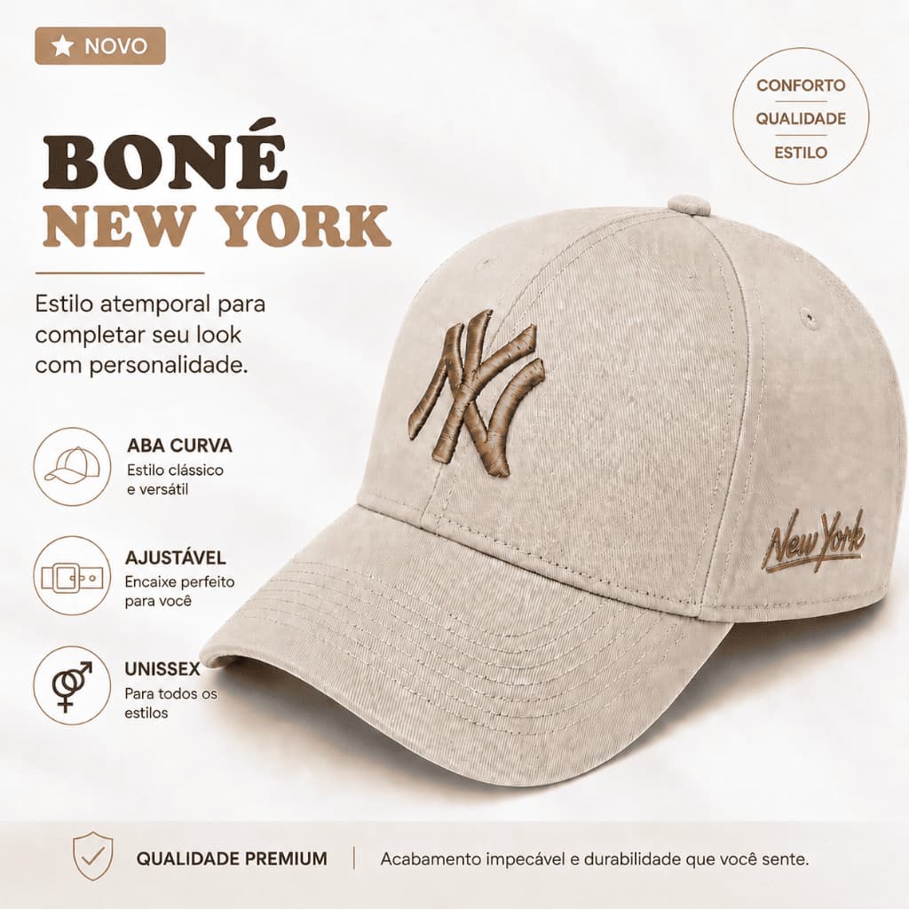 Boné NY New York Bordado Em Alto Relevo Aba Curva Ajustável Masculino Feminino Casual