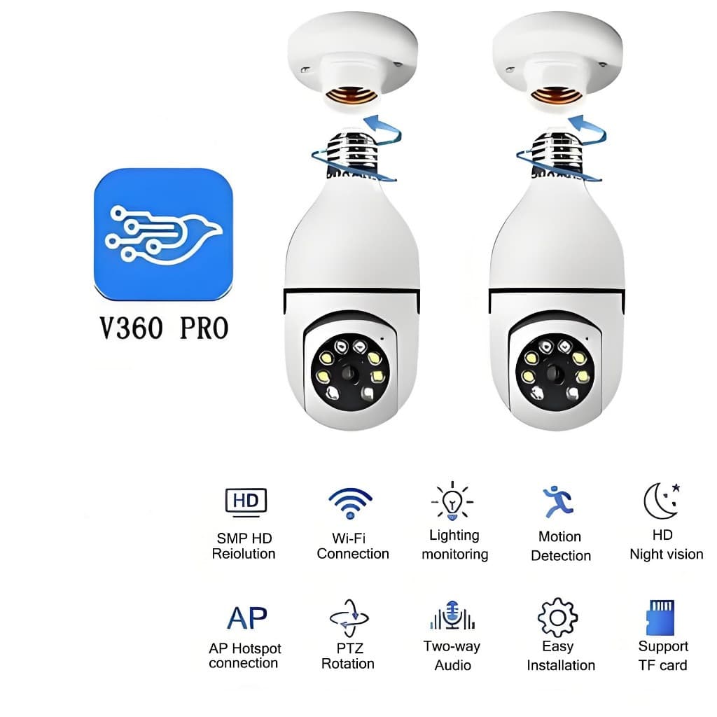Câmera Segurança Prova D'água Infravermelho Lâmpada Externa 360 Sem Fio Wifi 2.4G CASA