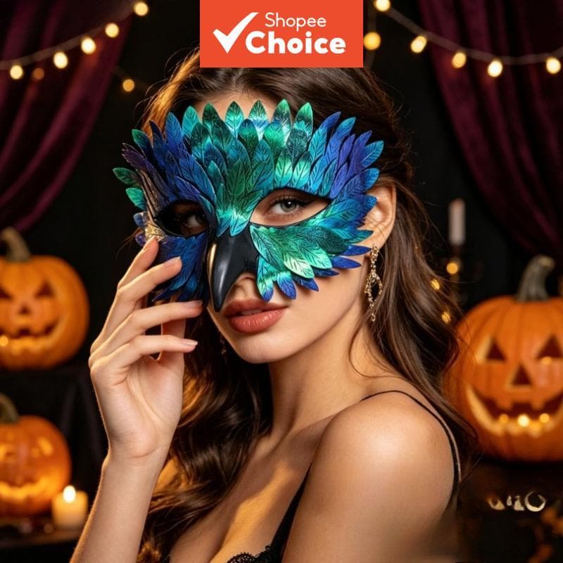 Máscara de Meia Face de Bico de Coruja de Halloween, Pena Preta para Baile de Máscaras