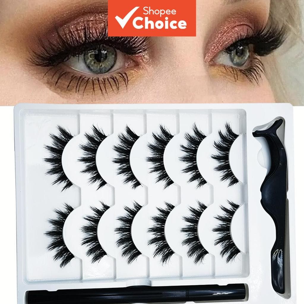 Conjunto De Cílios Postiços 6 Pares Com Lápis Delineador Transparente Haste Invisível Ondulação Grossa Leve À Prova D'ág