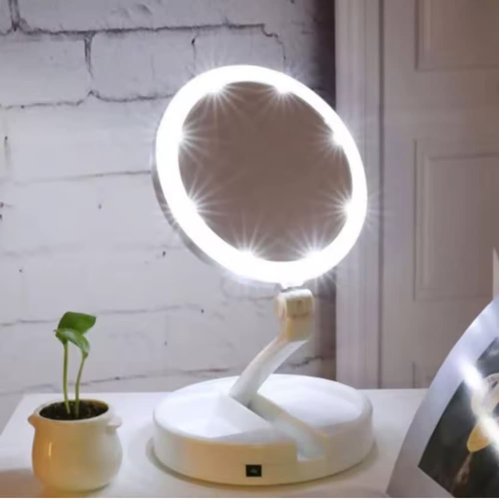 Espelho de Maquiagem LED com Ring Light – Camarim Portátil, Aumento 10x, Conexão USB, Moldura Branca