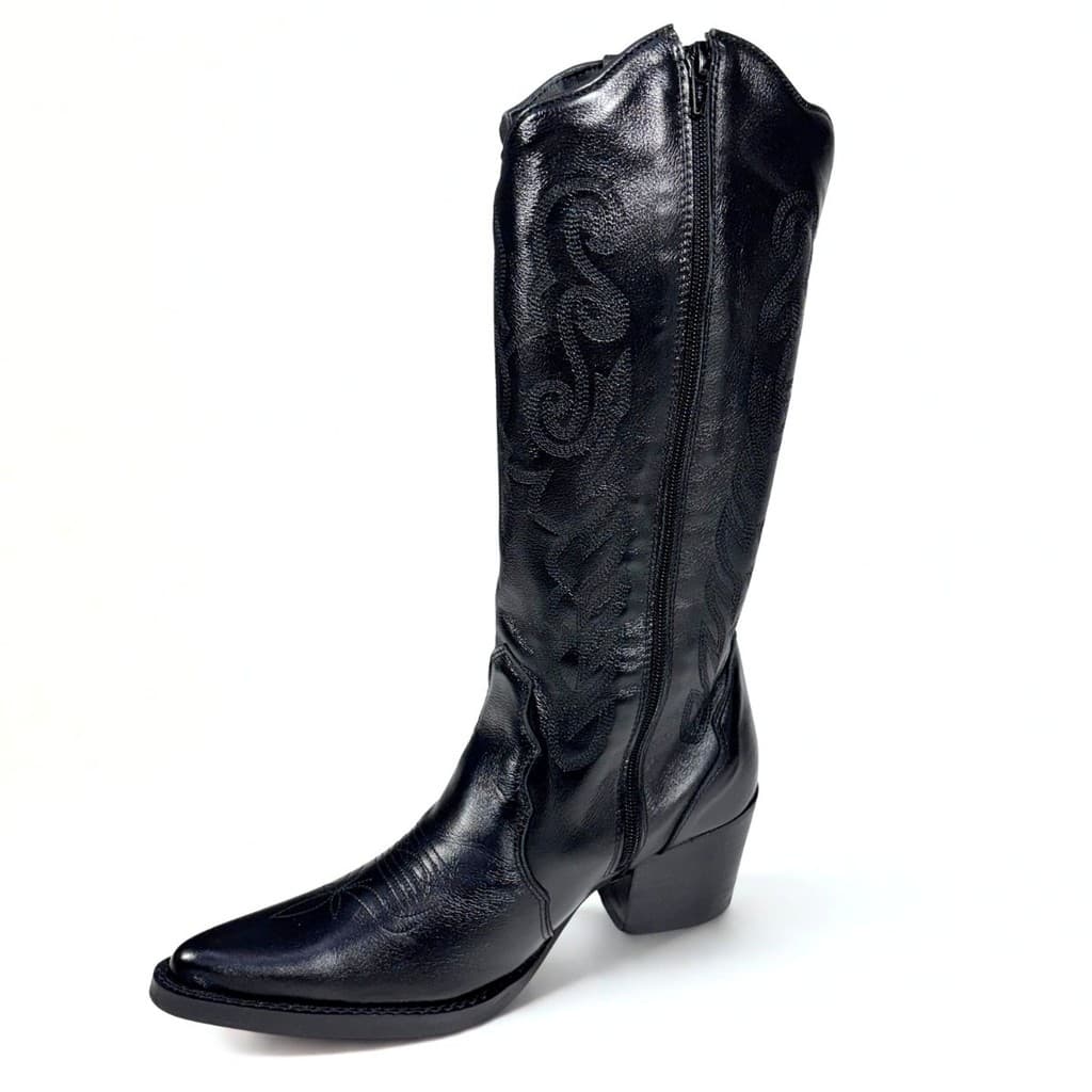 Bota Feminina Western Salto Baixo Couro Legítimo Cano  Longo