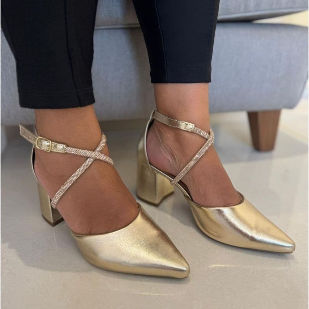 Scarpin Moda Feminina Slingback com Strass Salto Bloco Médio 5cm Elegante e Confortável