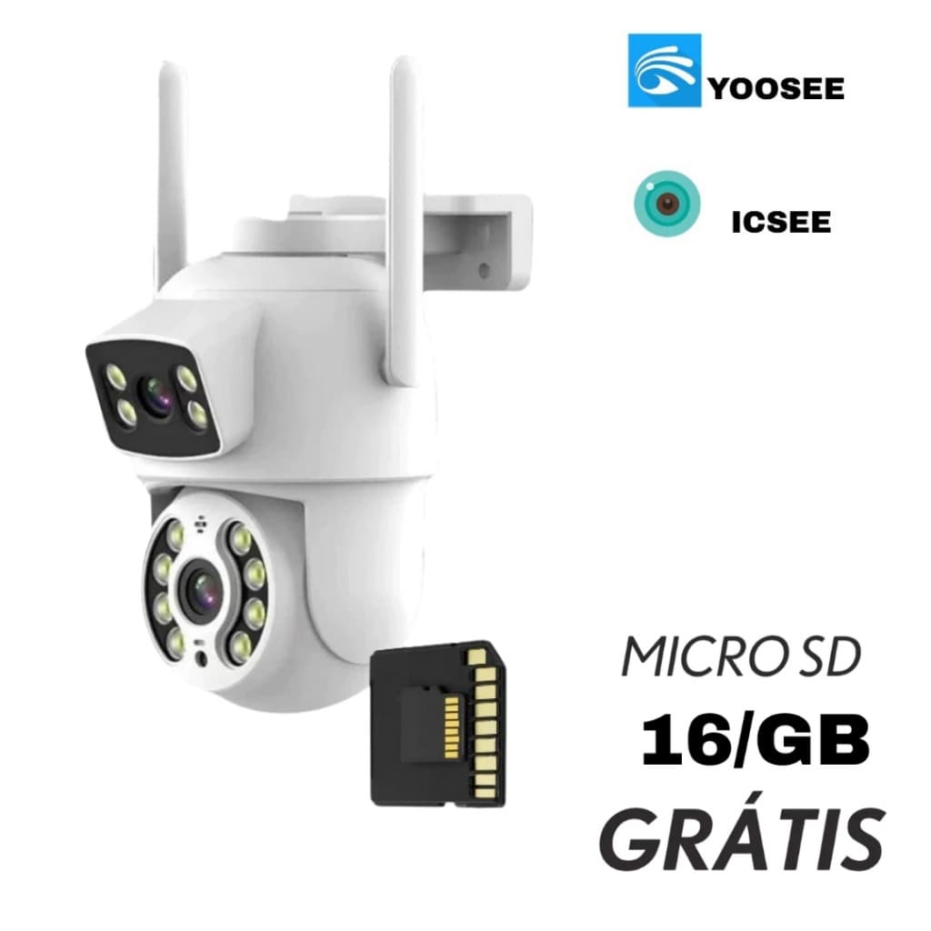Câmera de Segurança Lente Dupla Wi-Fi 360° IP66 Sensor de Movimento Visão Noturna + MicroSD 16GB