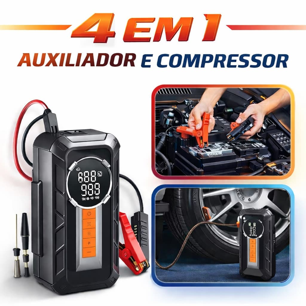Compressor de Ar Portátil 4 em 1 Sem Fio + Auxiliar de Partida + Power Bank + Lanterna LED Carro Moto