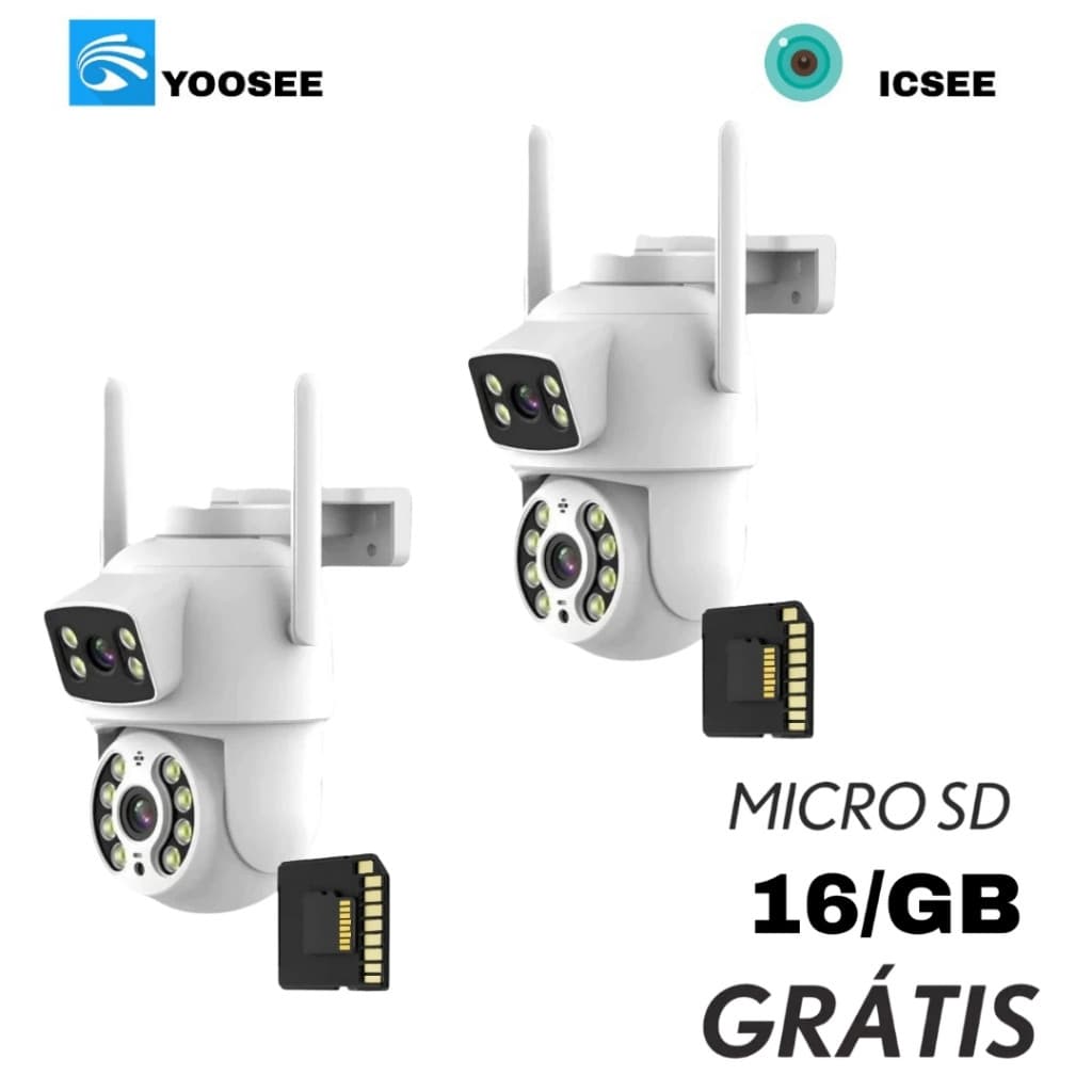 KIT2 Câmera Segurança Wi-Fi 360° Dupla Lente IP66 Visão Noturna + MicroSD 16GB