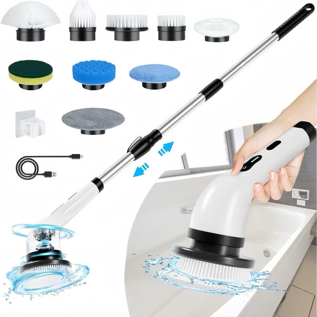 Escova Elétrica de Limpeza 9 em 1 Recarregável USB com Cabo Ajustável para Banheiro Cozinha Vidros Pisos e Rejuntes