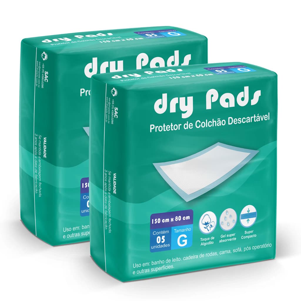 Kit 2 Protetor Colchão Descartável Geriátrico Pós Operatório - Dry Pads - Total 10 Unidades