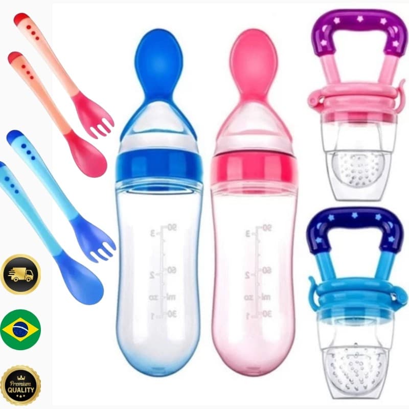 Kit Alimentação Bebê Chupeta Porta Fruta+ Mamadeira Colher Dosadora+ Colher Termossensível | Livre de BPA| Rosa ou Azul