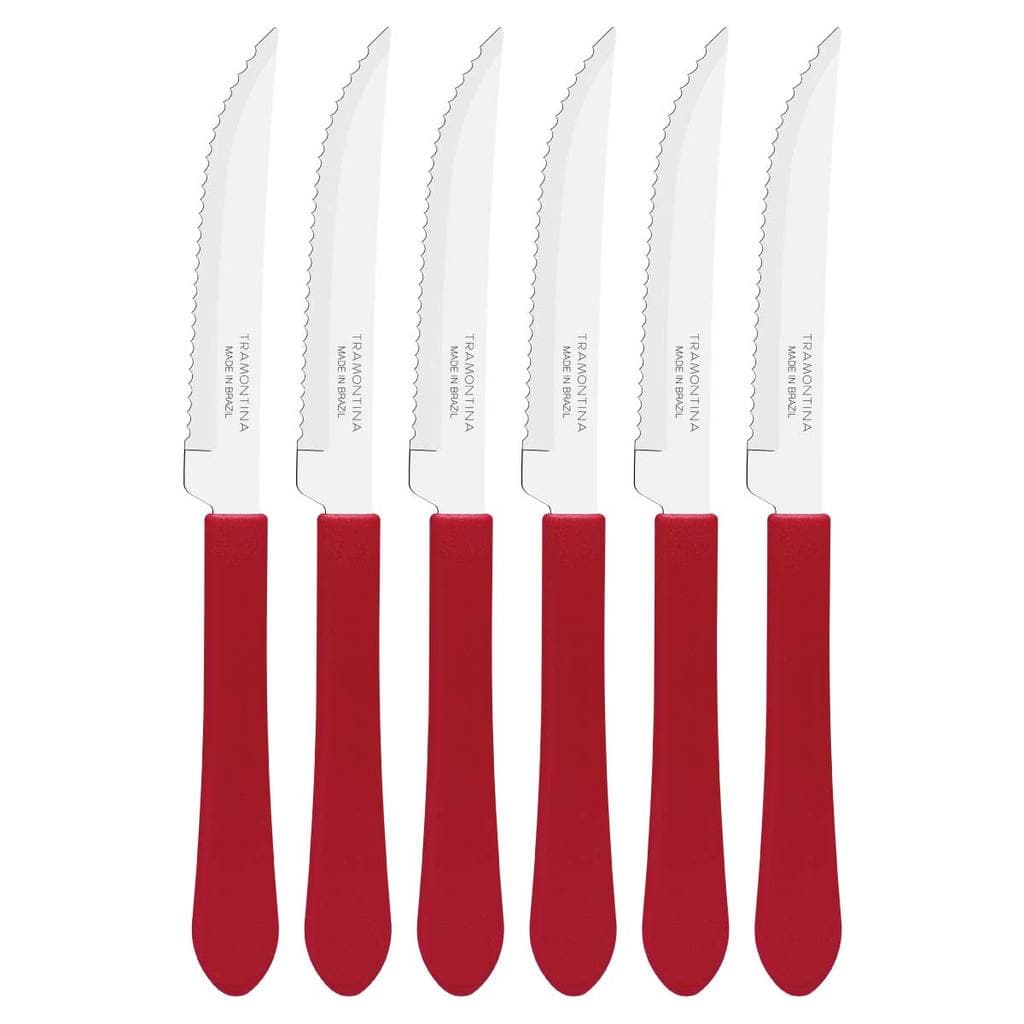 Kit 6 Faca Tramontina Leme Churrasco Inox Cabo Vermelho 4"