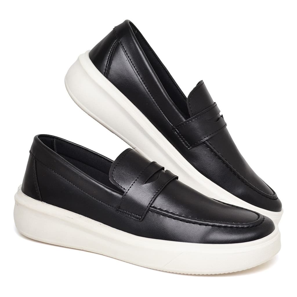 Sapato Social Loafer Masculino Mocassim Preto Sola Alta Branca