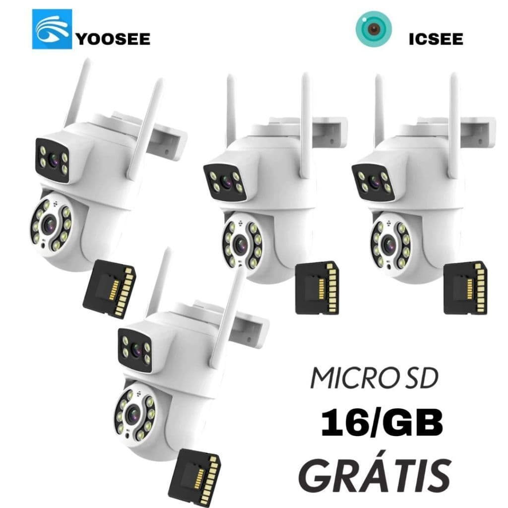 Kit4 Câmera de Segurança Dupla Lente IP66 Wi-Fi 360° Visão Noturna Sensor de Movimento + Cartão MicroSD 16GB