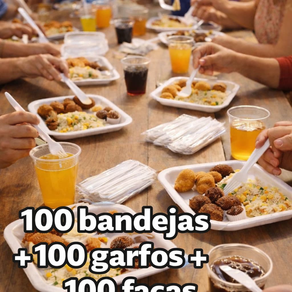 Kit Churrasco 100 Bandejas B2+100 Garfos + 100 Facas Refeiçao Descartavel