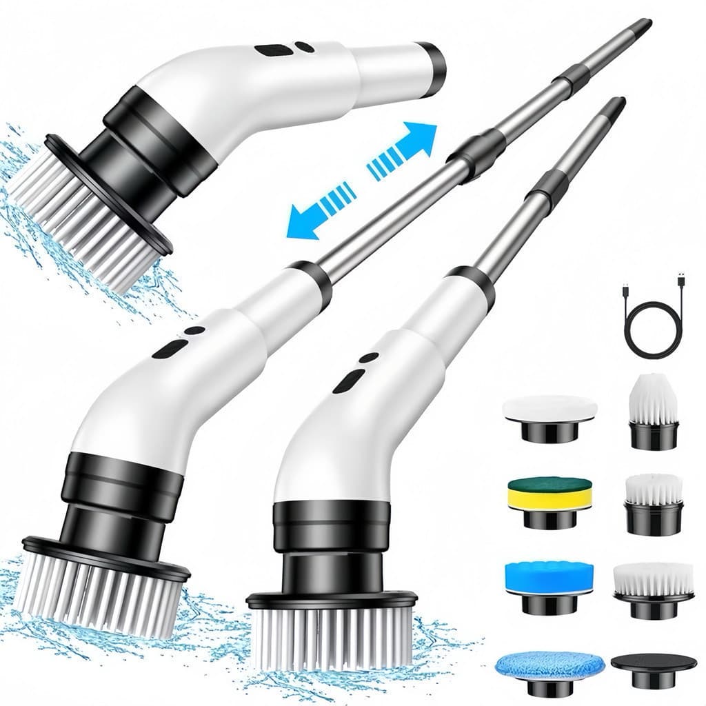 Escova Elétrica de Limpeza 9 em 1 Recarregável USB com Cabo Ajustável para Banheiro Cozinha Vidros Pisos e Rejuntes