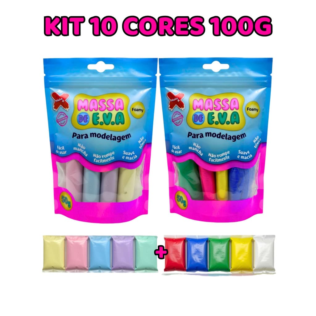 Kit Massa EVA Make+ Colorida: 10 Cores (Pastel e Arco-Íris) para Artesanato e Lembrancinhas DIY
