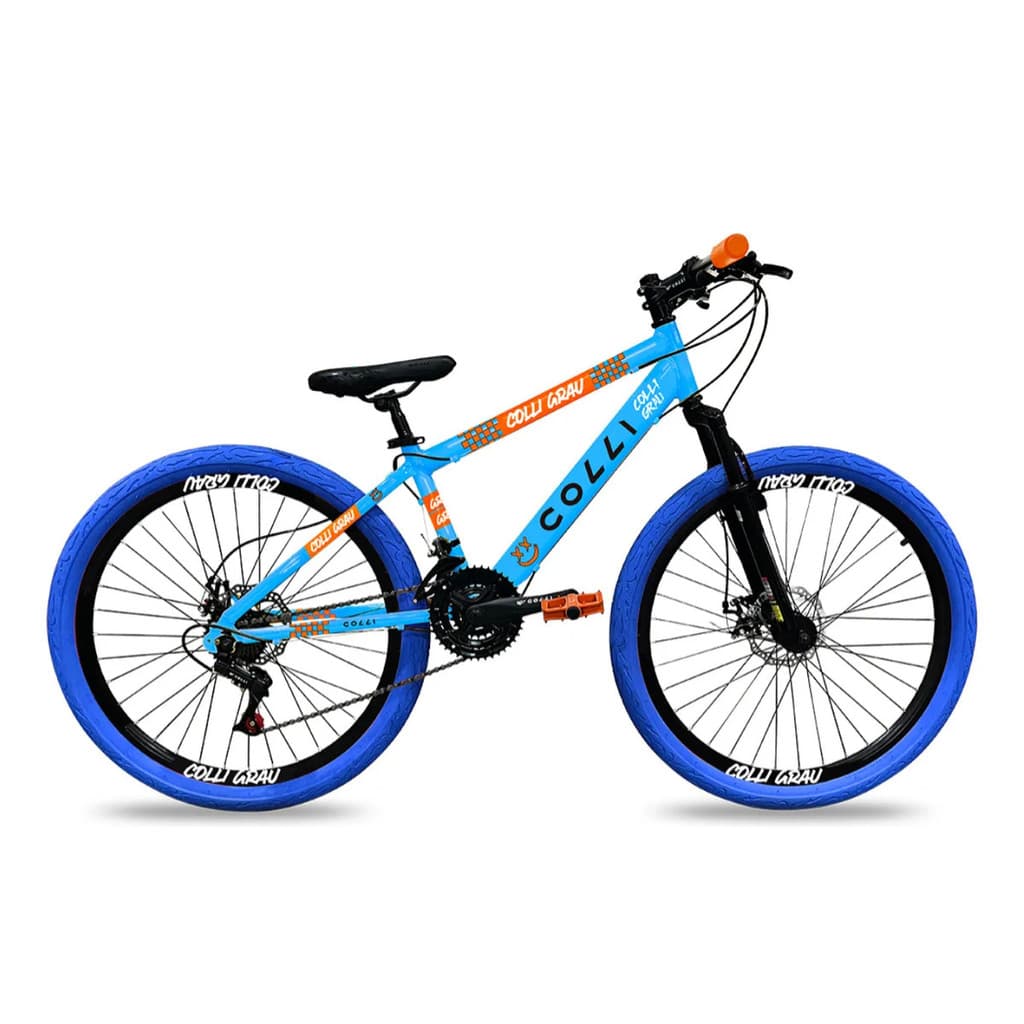 BICICLETA GRAU ARO 26 FREIOS A DISCO 21 VELOCIDADES COLLI AZUL CHAMPANHE