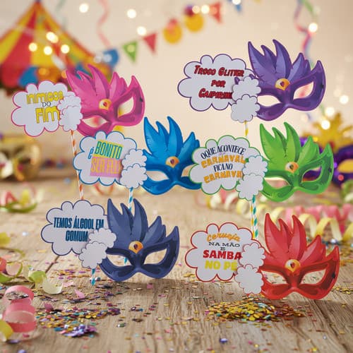 Kit Carnavalesco 6 Máscaras de Carnaval com Plaquinhas Fantasia Festa