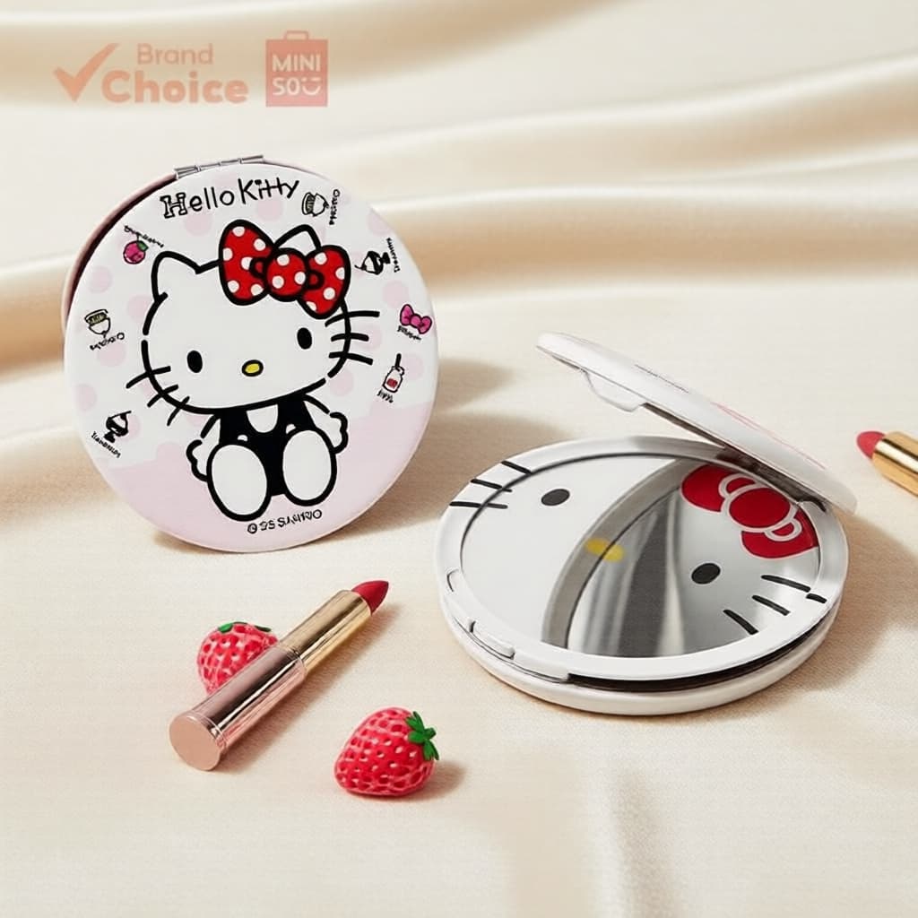 MINISO Espelho de bolso compacto clássico Hello Kitty Sanrio, vermelho e rosa, 7x7x1 cm