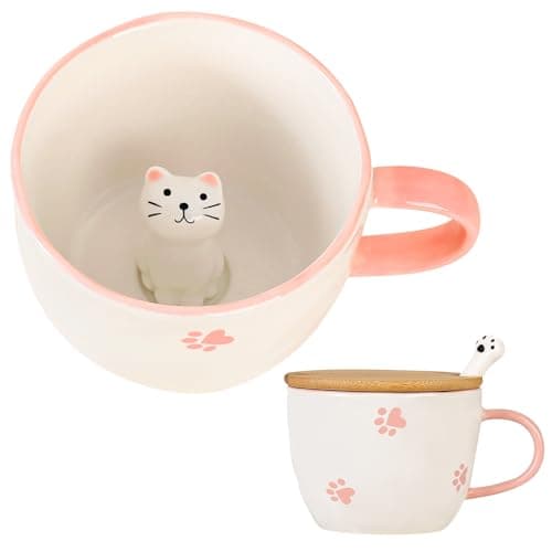 BigNoseDeer Caneca de gato Kawaii com gatinho 3D dentro canecas fofas xícara de chá de cerâmica caneca de café presentes para mulheres namorada crianças presentes de elefante branco (368 g)