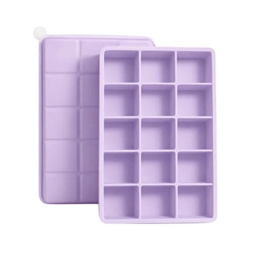 SYMEON Forma de Gelo Silicone Com Tampa Livre de BPA Flexivel 15 Cubos de 27ml Cada Prática Resistente e Reutilizável Forma Para Papinha Gelatina Frutas (LILAS)