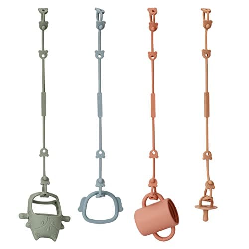 Eoopoon Kit com 4 Correias de Segurança para Brinquedos, Correntes de Silicone Elásticas para Chupetas, Ajustáveis para Mamadeiras, Mordedores e Carrinhos de Bebê, para Uso Em Cadeiras