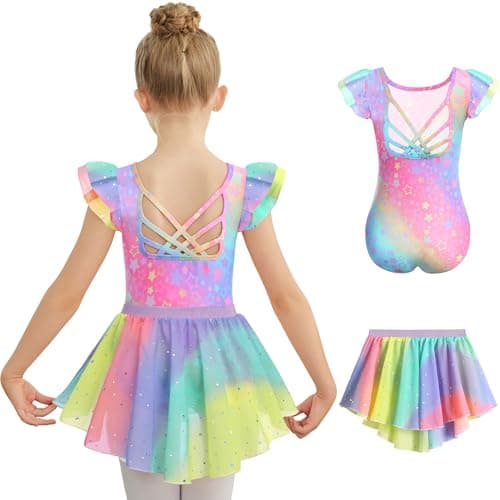 Zaclotre Collant de Balé para Meninas Pequenas com Mangas com Babado, Costas Cruzadas e Vestido de Dança com Saia Removível, 6-7 Anos