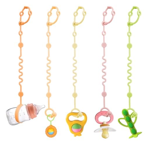 LittleHugs Alças de brinquedo para bebês, 5 peças de suporte de brinquedo ajustável para acessórios de carrinho, clipe de chupeta de silicone para bebê, coleira essencial para viagem para bebês para
