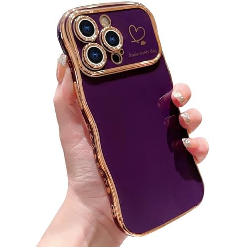 IDweel Capa para iPhone 15 Pro Max para mulheres e meninas, moldura ondulada fofa de luxo em formato encaracolado com coração de amor, proteção de câmera levantada, capa de celular slim fit, à prova