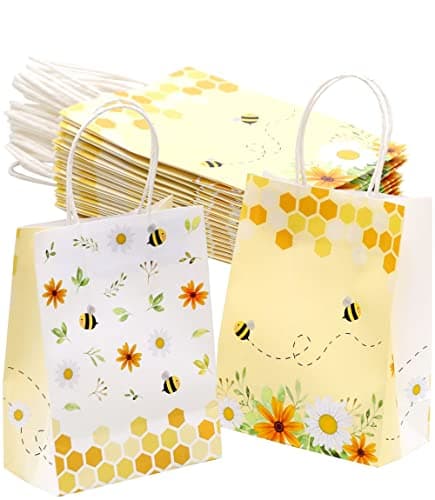 Winoo Design Sacos de presente de abelha com alças - pacote com 16 - sacos de abelha para lembrancinhas de festa, sacos de papel de abelha para decorações de festa de abelhas, decorações de festa de