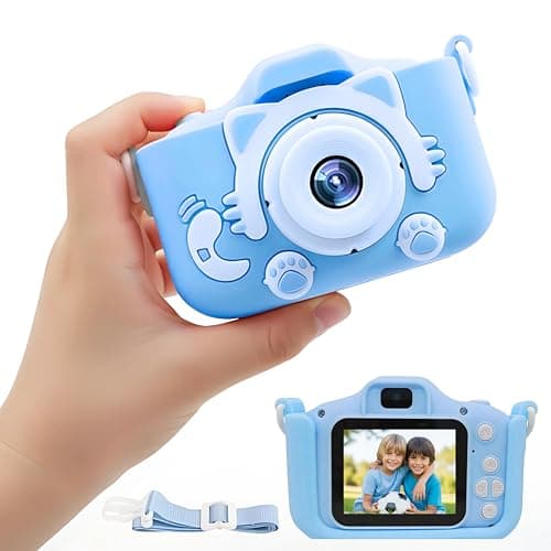 Câmera Digital Infantil Portátil + Cordão e Case Antichoque (Gatinho Azul)