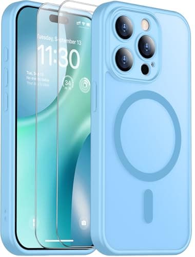 SPIDERCASE Capa projetada para iPhone 15 Pro Max, translúcida magnética [2 películas de vidro temperado] [proteção total da câmera] antiarranhões para iPhone 15 Pro Max de 6,7 polegadas, azul claro