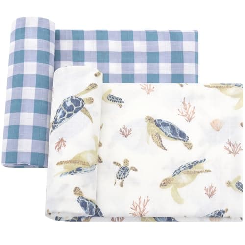 LifeTree Cobertores de envoltório de musselina para recém-nascidos, 70% viscose de bambu e 30% algodão, grande 119 x 119 cm, tartaruga marinha e xadrez azul